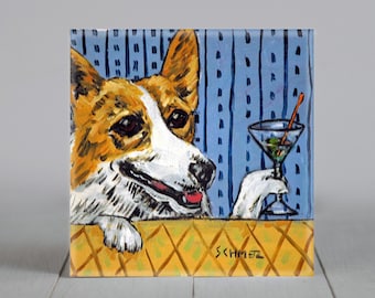 Corgi at the Martini Bar - Dog Art - coaster tile - Gift