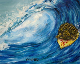 turtle surfer, turtle art, turtle print, turtle canvas, turle painting, turtle decor, surfer gift, surfing print, animal art decor,