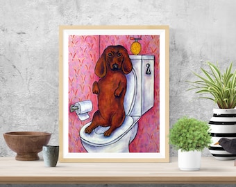 dachshund in the bathroom dog art print on a ready to hang stretched canvas with either .75 or 1.5 inch stretcher bars (edges)