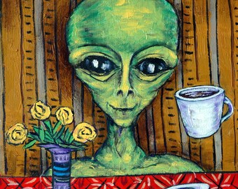 alien coffee cafe art coaster tile gift  modern folk pop art JSCHMETZ