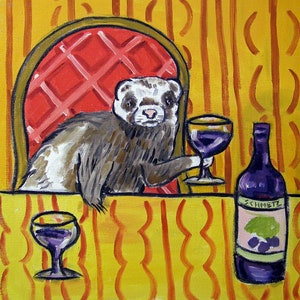 ferret at the wine bar - animal art - tile coaster - gift - home decor