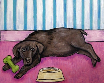 Black Labrador Retriever dog art tile coaster - dog bowl and toy