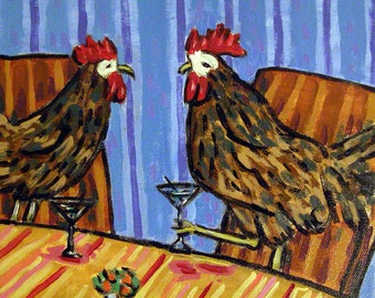 chicken at the martini bar art print on ready to hang stretched canvas - multiple sizes