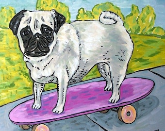 pug skateboarding - dog art - tile coaster - a nimal lover gift