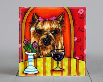yorkie at the wine bar dog art tile coaster gift - multiple sizes available