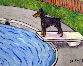 Doberman Pinscher at the Pool Dog Art Print on ready to hang gallery wrapped canvas- multiple size wall art