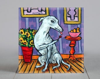Whippet Artwork Coaster Tile - Decorative Ceramic - Lollipop Animal Decor - Home Accent - Handmade Dog Lover Gift