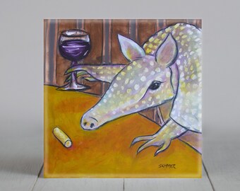Armadillo at the wine bar - coaster tile - animal lover gift - home kitchen decor