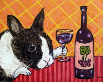 Bunny rabbit at the Wine Bar animal art print on canvas