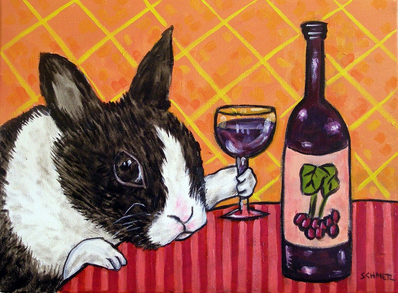 bunny wine art on matte or glossy paper print