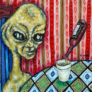 Alien at the Bar beer art tile coaster gift