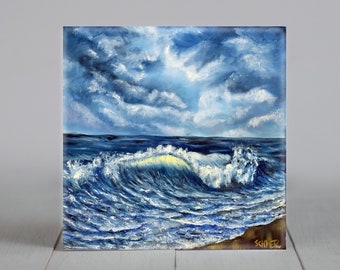 Crashing wave sea scape tile coaster decor coastal art