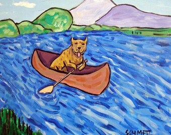 Pit Bull Terrier Riding in a Canoe Dog art tile coaster
