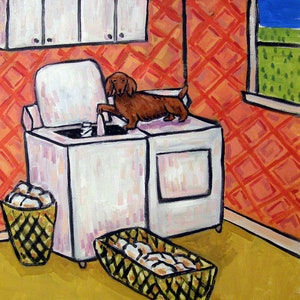 dachshund doing the laundry dog art print on canvas with .75 or 1.5 inch edges ( stretcher Bars)
