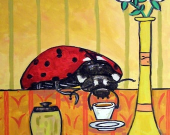 Ladybug at the Coffee Shop Insect art tile coaster