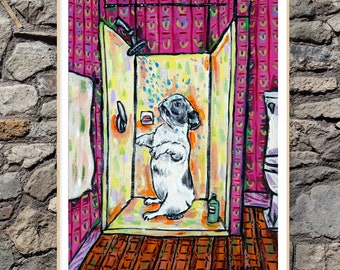 french bulldog in the shower dog art print - streched canvas or paper rint - multipel sizes available