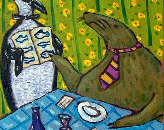 PENGUIN walrus - art - tile coaster - animal lover gift - food critic
