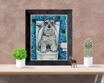 Schnauzer dog in the bathroom - dog art print - stretched canvas print or paper print - multiple sizes