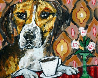 harrier dog at the coffee shop-  dog art coaster tile - modern folk