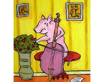 Pink Pig Playing the Cello Animal Art Print  JSCHMETZ modern abstract folk pop art american ART gift