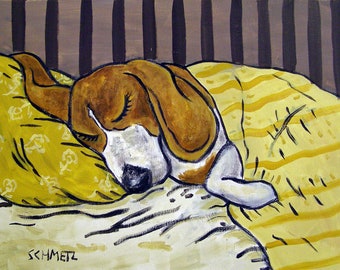 beagle sleeping dog art print - streched canvas or paper print - bedroom animal decor