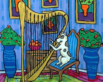 Pit bull terrier playing the harp - dog art print on canvas or paper - home decor