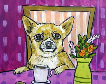 Chihuahua at the coffee shop dog art print - stretched canvas or paper print - multiple sizes