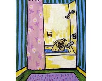 pug taking a bath dog art print - stretched canvas or paper print = multiple sizes available