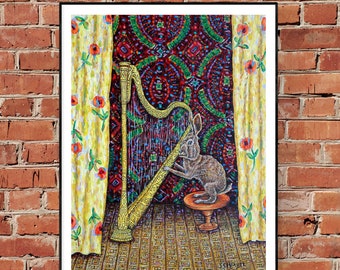 Bunny playing the Harp animal art print  on canvas - ready to hang