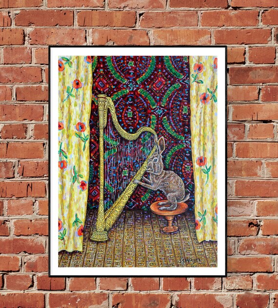 Bunny playing the Harp animal art print  on heavyweight matte or glossy paper