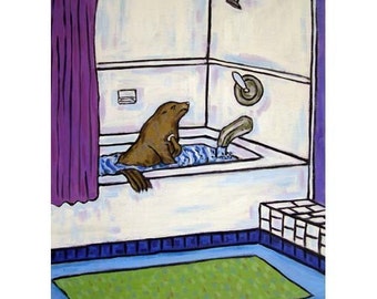 Sea Lion Taking a Bath Animal Bathroom Art Print