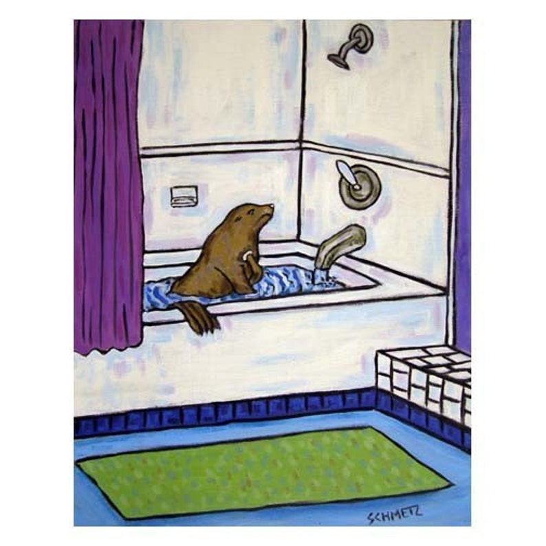Sea Lion Taking a Bath Animal Bathroom Art Print