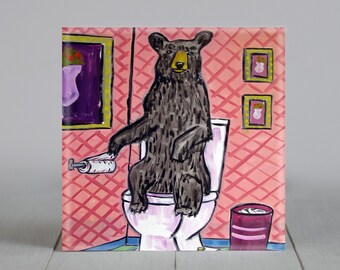 Black Bear in the bathroom - artwork -tile coaster - gift - home decor