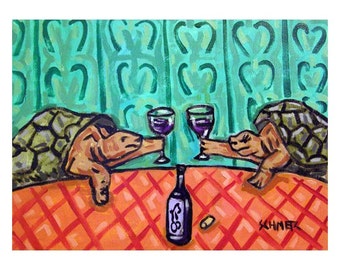 Turtles Toasting at the Wine Bar Art Print on Paper or Stretched Canvas