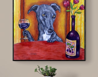 Greyhound at the wine bar dog art print on canvas with .75 or 1.5 inch stretcher Bars