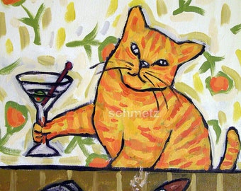 cat art print, canvas print, cat decor, cat wall art, martini art, bar decor, print on canvas, print on paper. animal canvas, animal print,