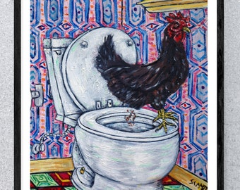 chicken in the bathroom art print on ready to hang stretched canvas- multiple sizes
