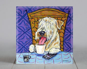 Soft Coated wheaten Terrier at the Coffee Shop dog Art coaster tile - home animal decor