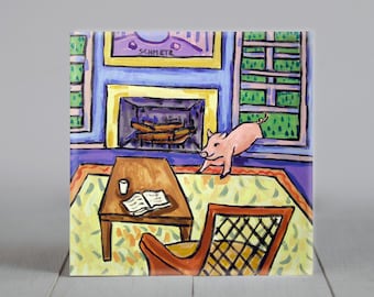 Pig Breaking in Animal Art coaster tile Gift decor artwork