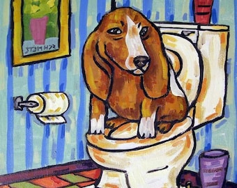 basset hound oin the bathroom dog art tile coaster gift - modern folk