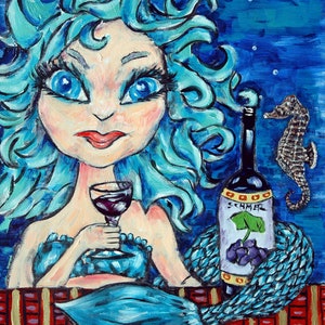 Mermaid at the wine bar art print - stretched canvas or paper print - multple sizes available