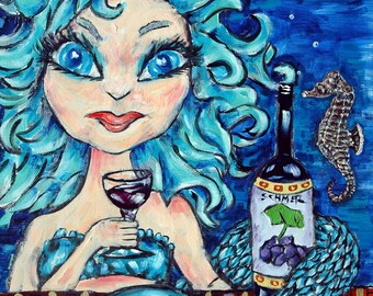 Mermaid at the wine bar art print - stretched canvas or paper print - multple sizes available