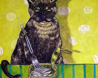 cat art tile, tortie cat art, sardines, animal decor, coaster cat