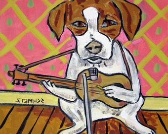jack russell art, dog art coaster tile, jack russell guitar player, animal art decor