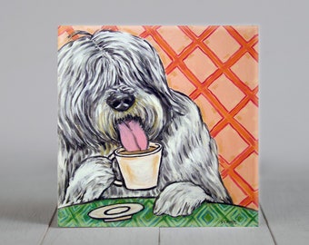 russian sheepdpg at the coffee shop - dog artwork - tile coaster -animal lover gift
