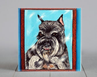 schnauzer flossing - dog art - tile coaster - animal lover gift