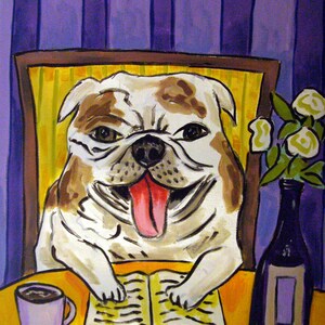 Bulldog reading dog art canvas print gift by georgia artist schmetzpetz
