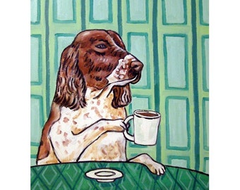 Welsch Springer Spaniel  at the Coffee Shop Dog Art Print - 13x19 - matte or glossy