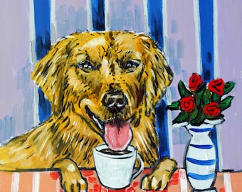 COFFEE Art coaster tile gift JSCHMETZ modern folk pattern GOLDEN retriever dog