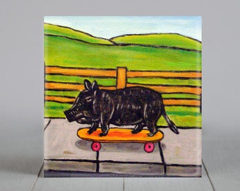 pig artwork,pig gifts,skateboarding,square coaster,decorative tile,modern folk,eclectic artwork,pig art